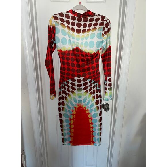 Long Sleeve Polka Dot Bodycon Midi Dress S - Picture 5 of 6